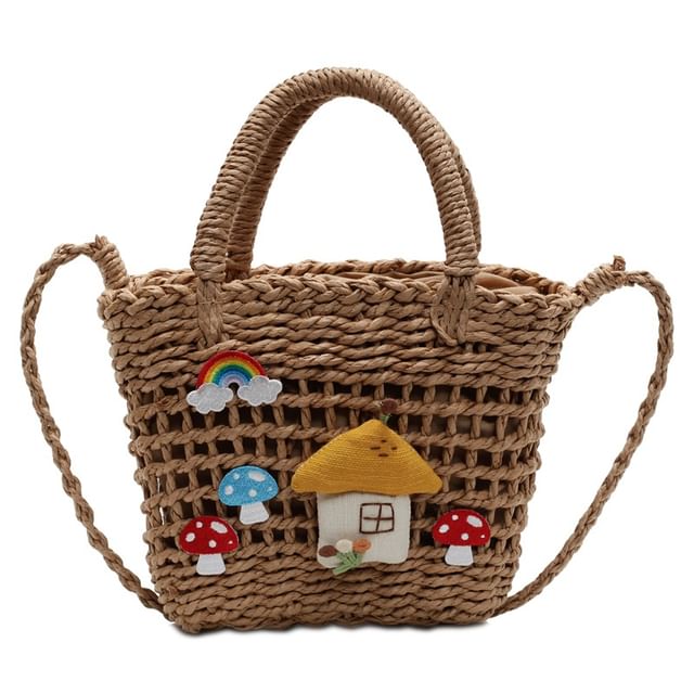 Top Applique Mushroom Straw Crossbody Bag Handle