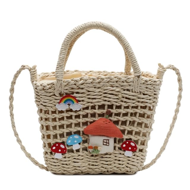 Top Applique Mushroom Straw Crossbody Bag Handle