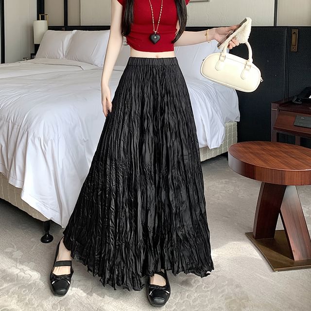 Crinkle Waist High Maxi Skirt Plain Asymmetrical A-Line
