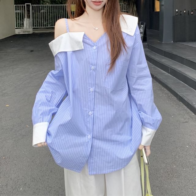 Long-Sleeve Blouse Asymmetrical Shoulder Striped Button-Up Cold