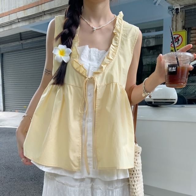 Tie Mock Tone Sleeveless Front Trim Frill Two-Piece Two Blouse