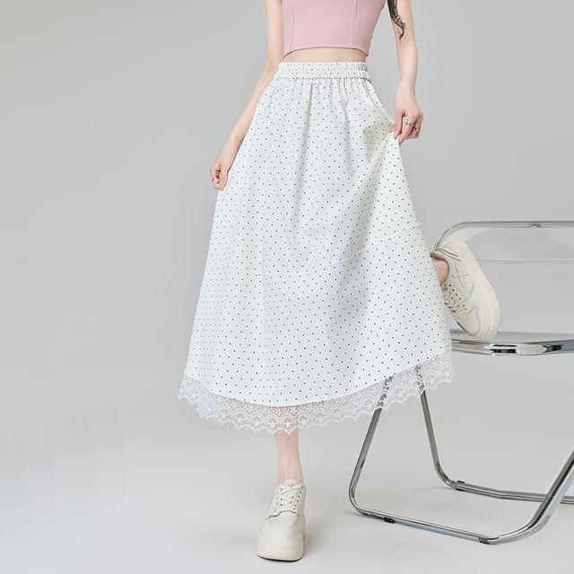 Midi Waist Dotted Panel Lace High Skirt A-Line