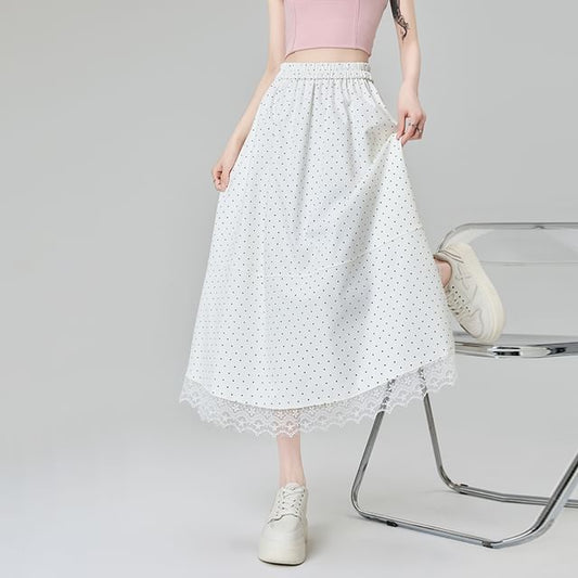 Midi Waist Dotted Panel Lace High Skirt A-Line