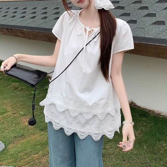 Tie Short-Sleeve Blouse Lace Panel Plain Notch Layered Neck Front