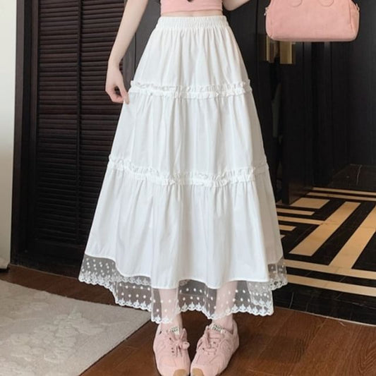 Waist Skirt High Midi Panel A-Line Frill Trim Lace