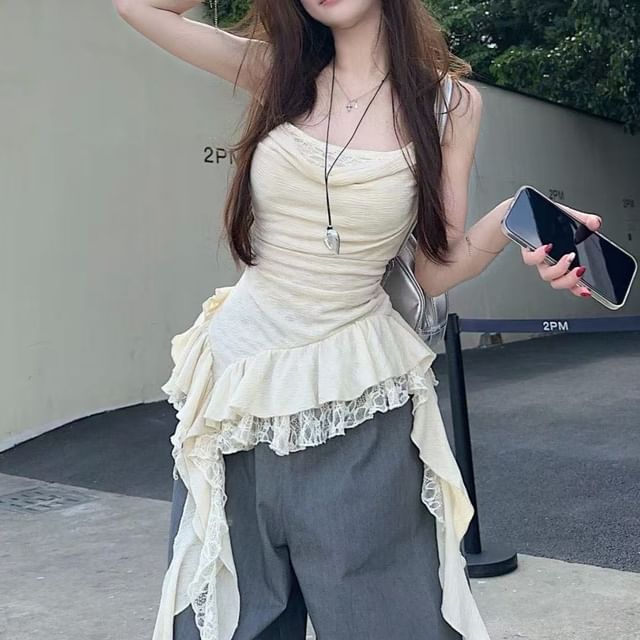 Neck Cowl Lace Asymmetrical Hem Top Camisole Ruffle Panel