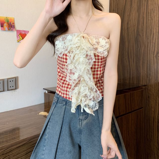 Tube Panel Gingham Crop Lace Top