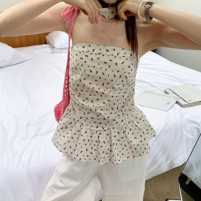 Ruched Hem Ruffle Print Top Floral Tube