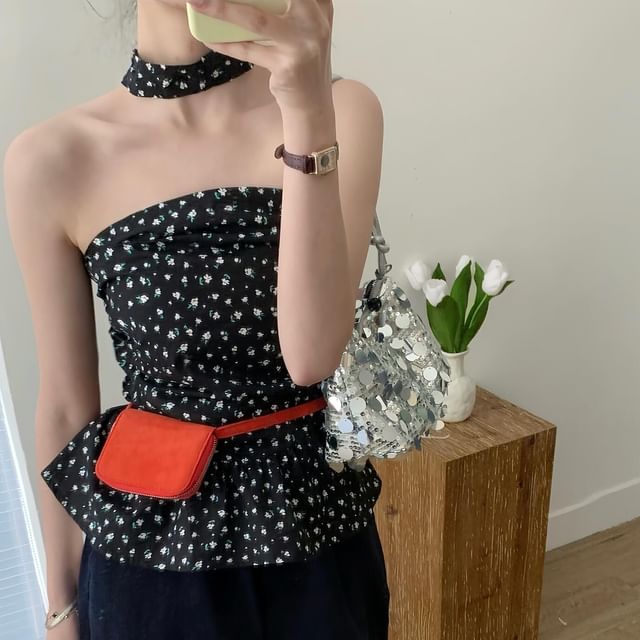 Ruched Hem Ruffle Print Top Floral Tube