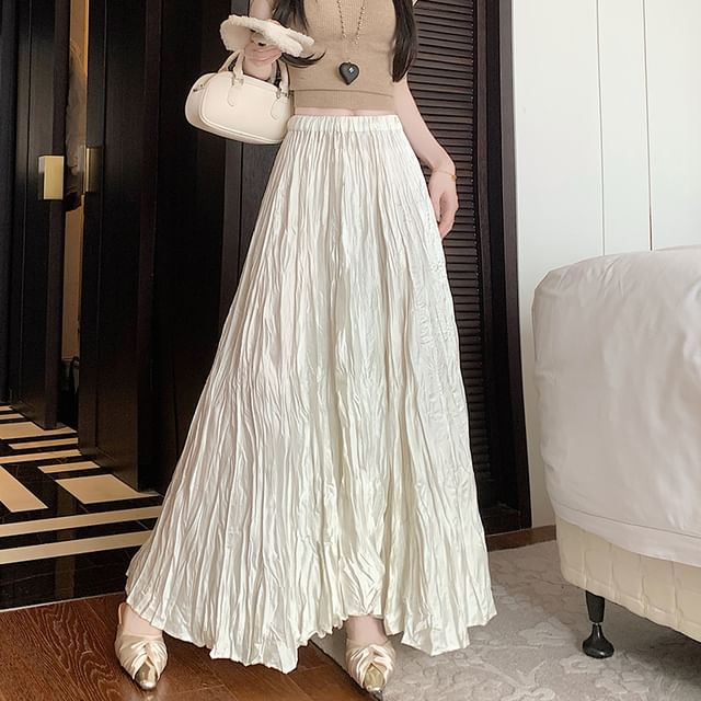 Crinkle Waist High Maxi Skirt Plain Asymmetrical A-Line