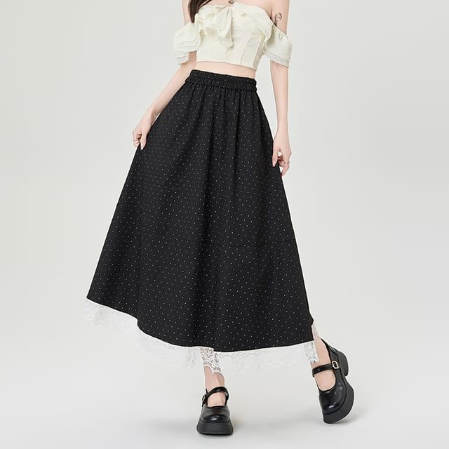 Midi Waist Dotted Panel Lace High Skirt A-Line