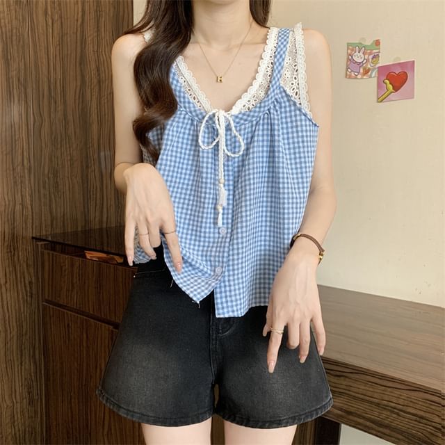 Two-Piece V-Neck Top Lace Mock Button-Up Crop Panel Gingham Tank