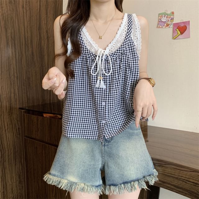 Two-Piece V-Neck Top Lace Mock Button-Up Crop Panel Gingham Tank