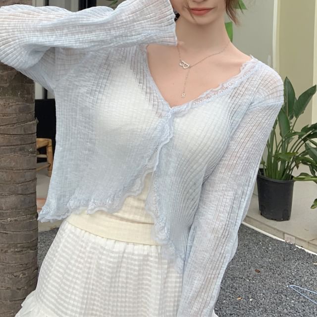 Crop Sheer One-Buttoned V-Neck Lace Cardigan Plain Trim