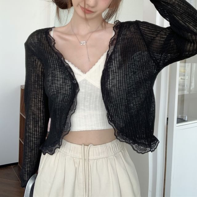 Crop Sheer One-Buttoned V-Neck Lace Cardigan Plain Trim