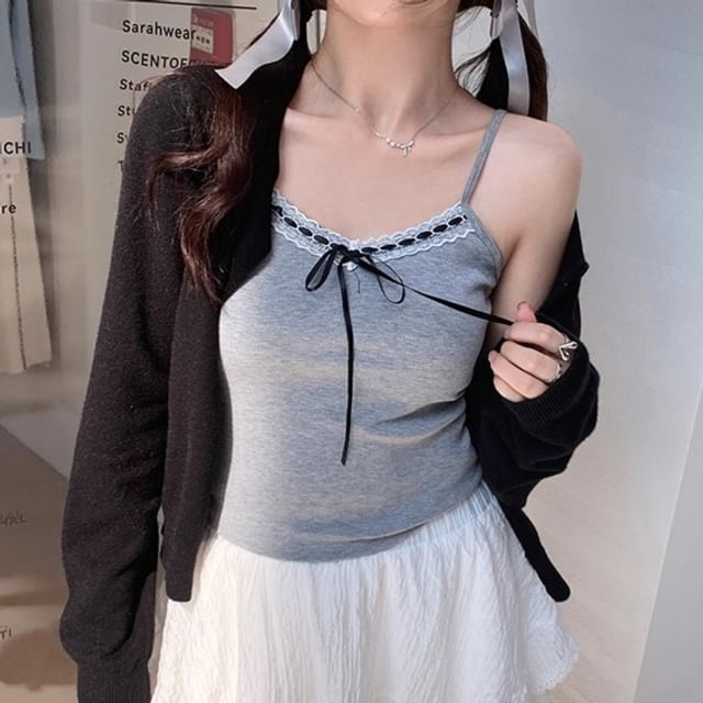 Plain Crop V-Neck Accent Top Trim Bow Cami Lace