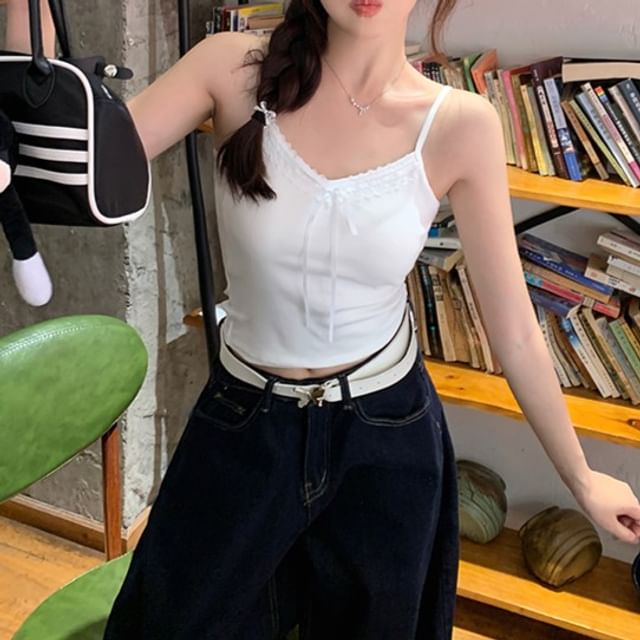 Plain Crop V-Neck Accent Top Trim Bow Cami Lace