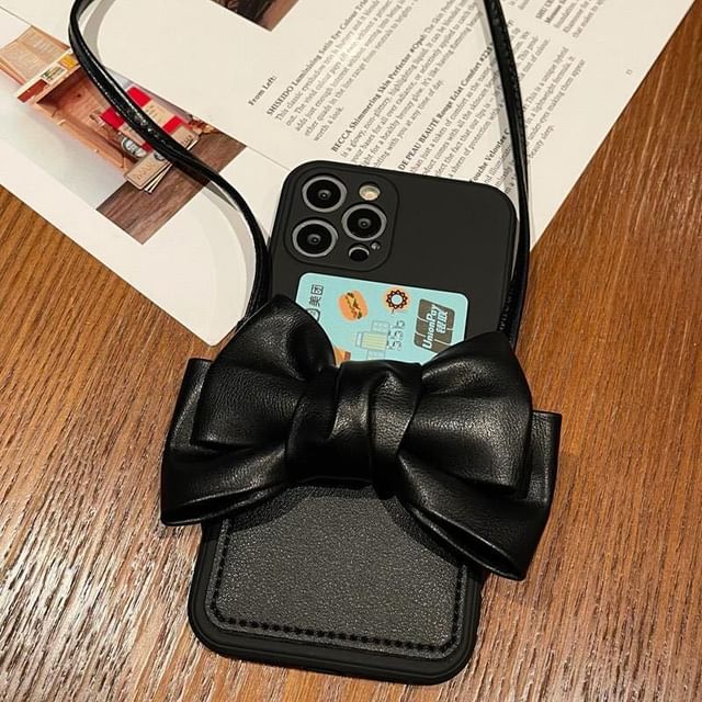 Faux Lanyard Phone Card Case with Holder Leather Bow