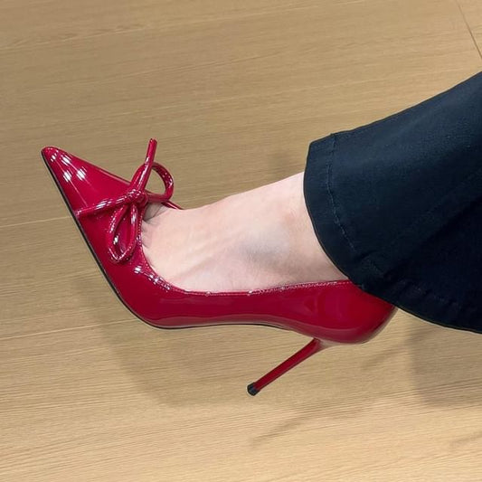 Patent Bow Stiletto Pointed Pumps Leather Toe
