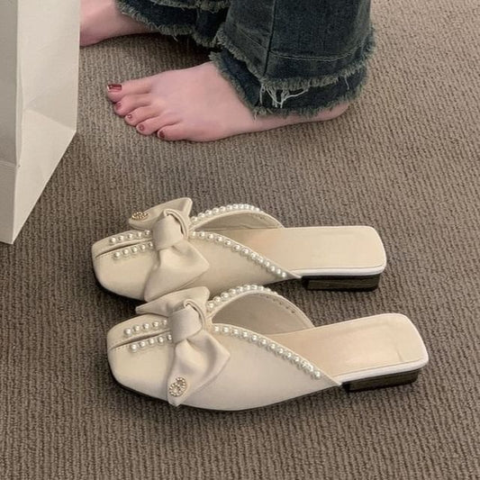 Pearl Toe Mules Faux Square Bow