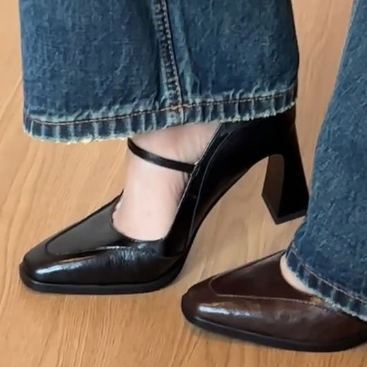 Panel Mary Heel Square Block Pumps Toe Jane