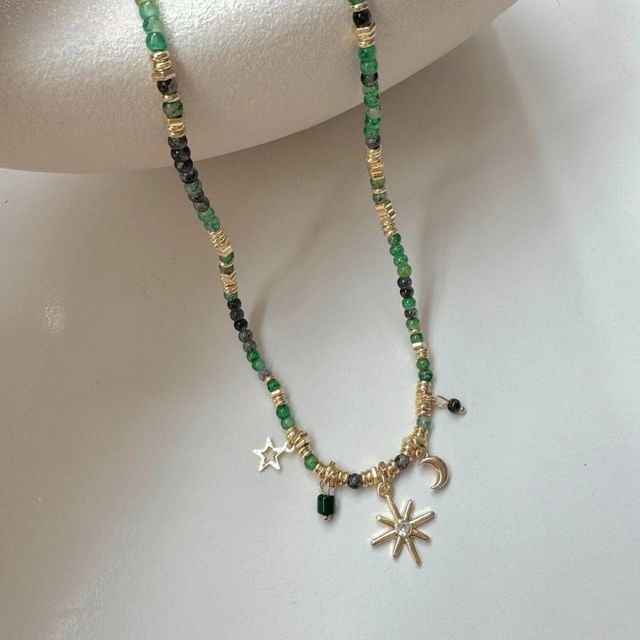 Bead Gemstone Station Faux Fringed Choker Star / Alloy Moon Pendant Disc