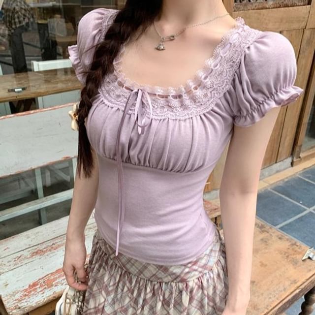 Trim Slim Neck Square Bow Lace Tee Fit Short-Sleeve Plain