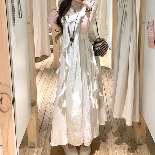 Midi Plain Sleeveless Dress Asymmetrical Ruffle Trim A-Line