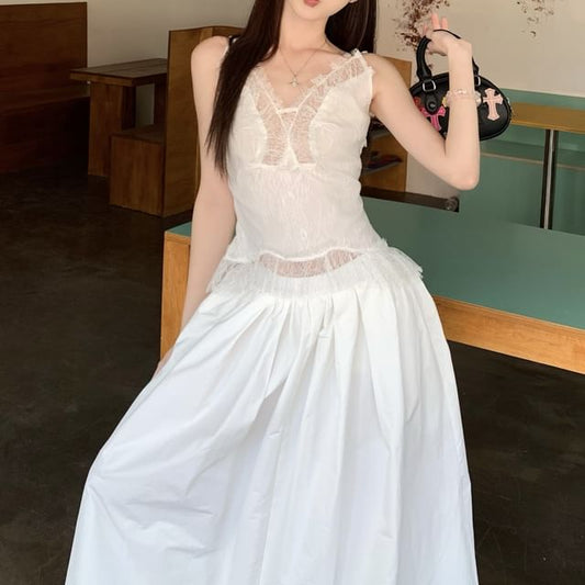 Slim High Rise Tank Panel Skirt Top Plain A-Line / Lace Fit Maxi