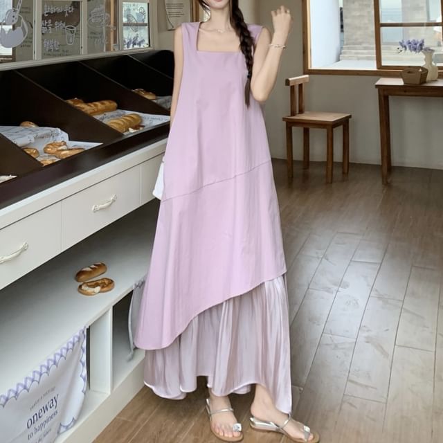 Sleeveless Midi Asymmetrical Square Paneled Dress A-Line Neck