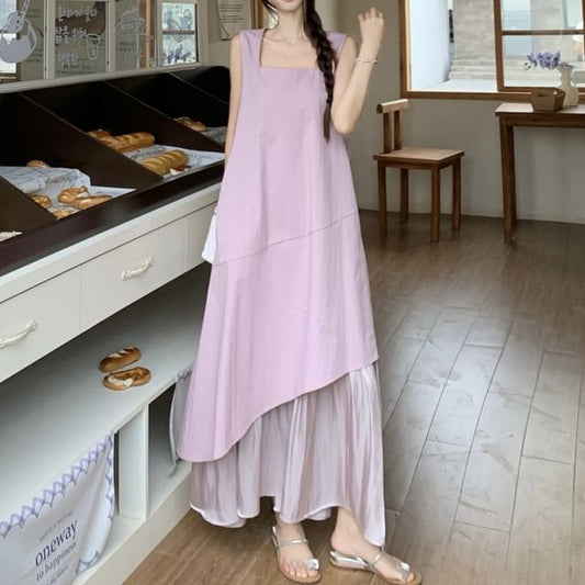 Sleeveless Midi Asymmetrical Square Paneled Dress A-Line Neck