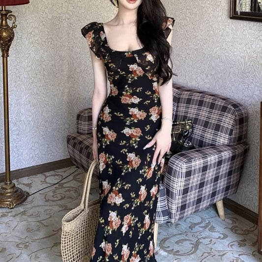 Trim Sheath Floral Maxi Scoop Neck Cap-Sleeve Ruffle Dress