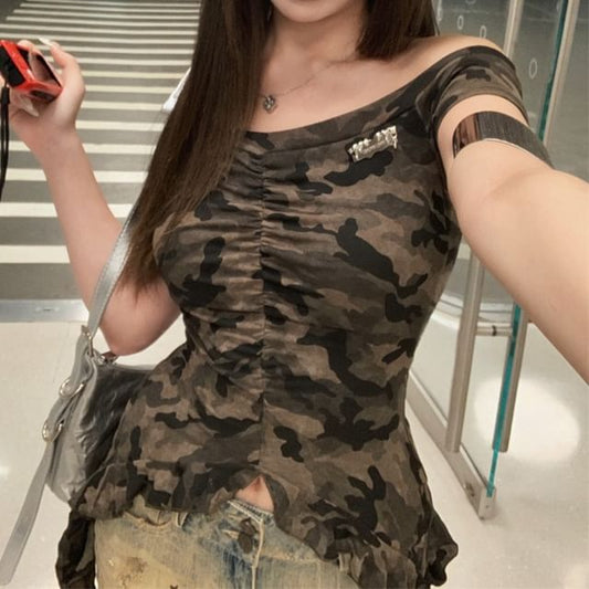 Camo Trim Cap-Sleeve Fit Asymmetrical Tee Off-Shoulder Slim Ruffle Print
