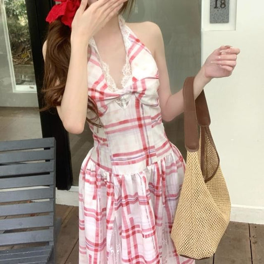 Lace Midi Halter Open A-Line Dress Panel Back Plaid