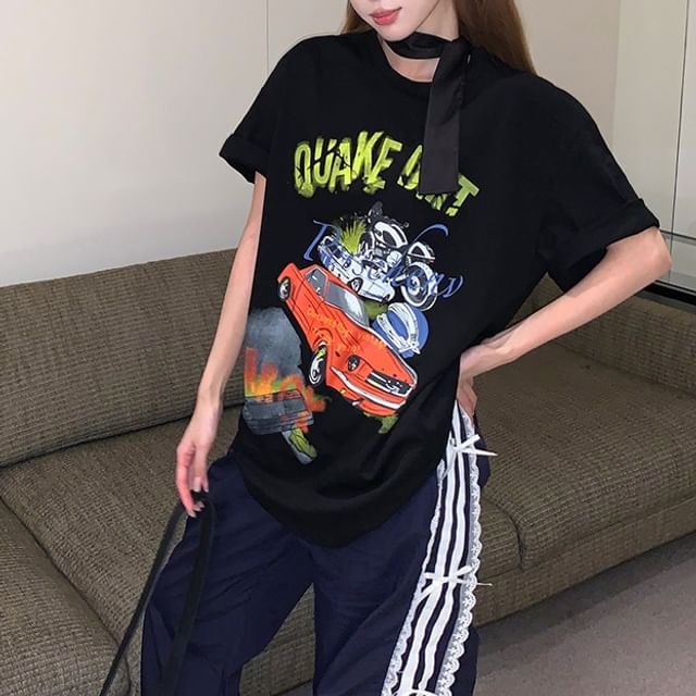 / Mini Neck Round Bodycon Short-Sleeve Tee Spaghetti Dress Print Strap Graphic