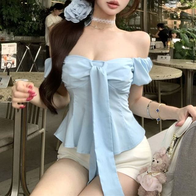 Off-Shoulder Puff-Sleeve Plain Slim Bow Fit Top