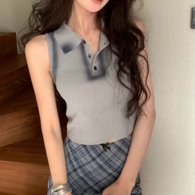 Crop Tank Trim Contrast Henley Top Collar Slim Fit