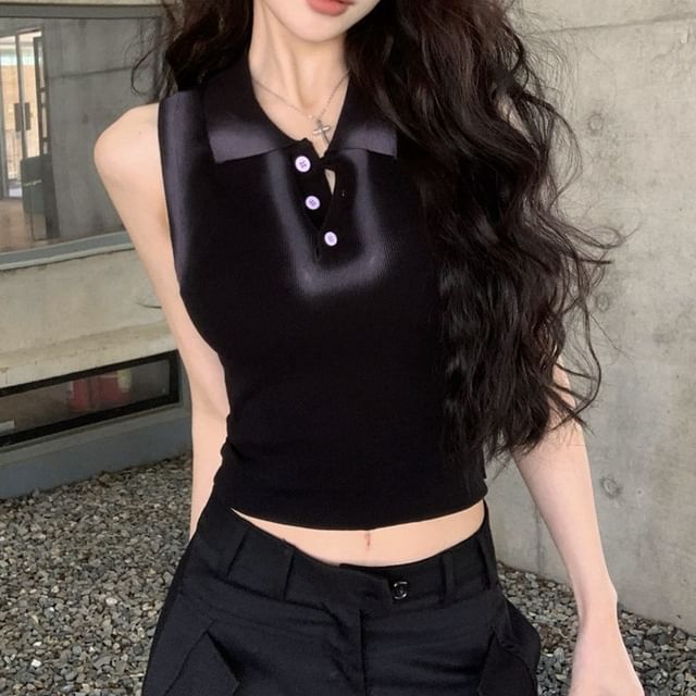 Crop Tank Trim Contrast Henley Top Collar Slim Fit