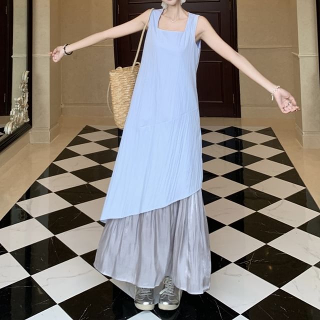 Sleeveless Midi Asymmetrical Square Paneled Dress A-Line Neck