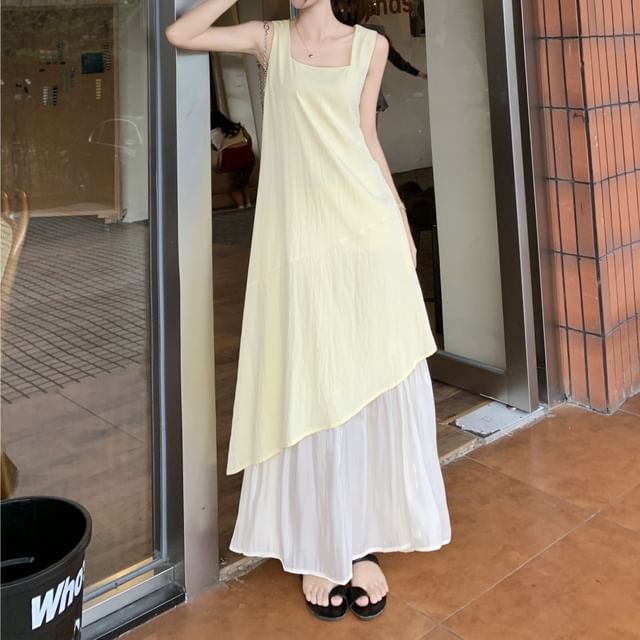 Sleeveless Midi Asymmetrical Square Paneled Dress A-Line Neck