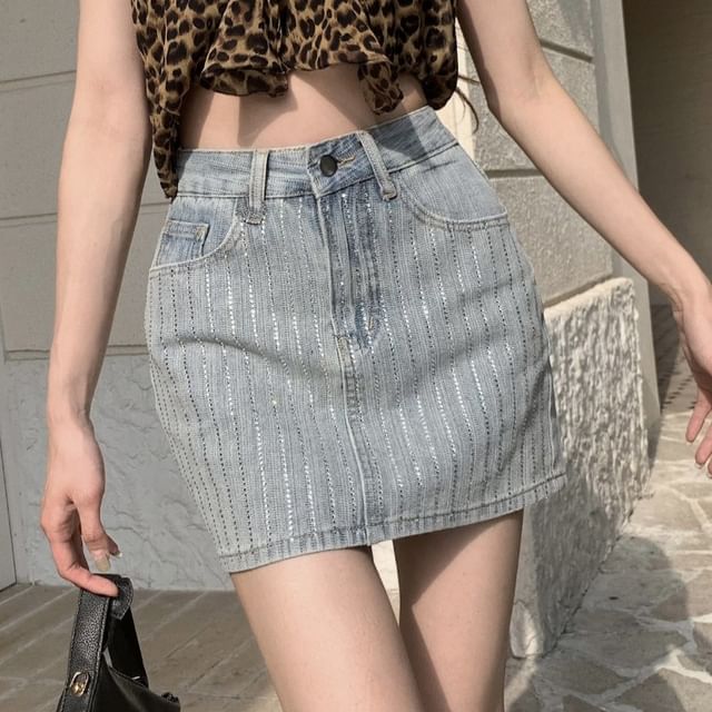High Pencil Mini Rhinestone Striped Skirt Rise Denim