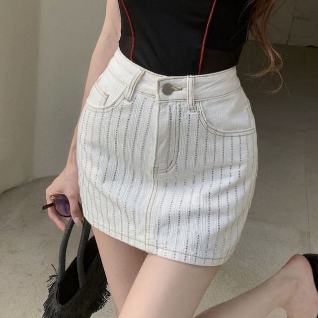 High Pencil Mini Rhinestone Striped Skirt Rise Denim
