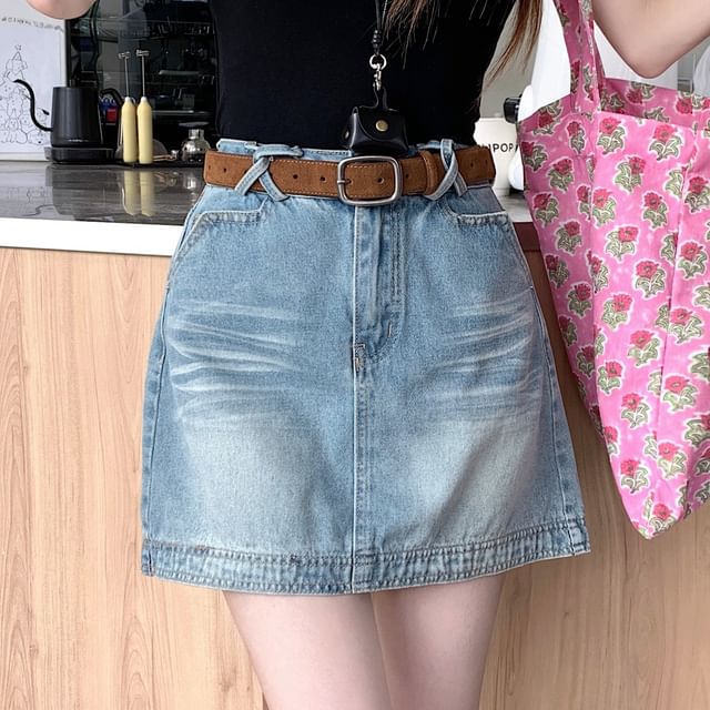 Washed Waist Mini A-Line Denim High Skirt