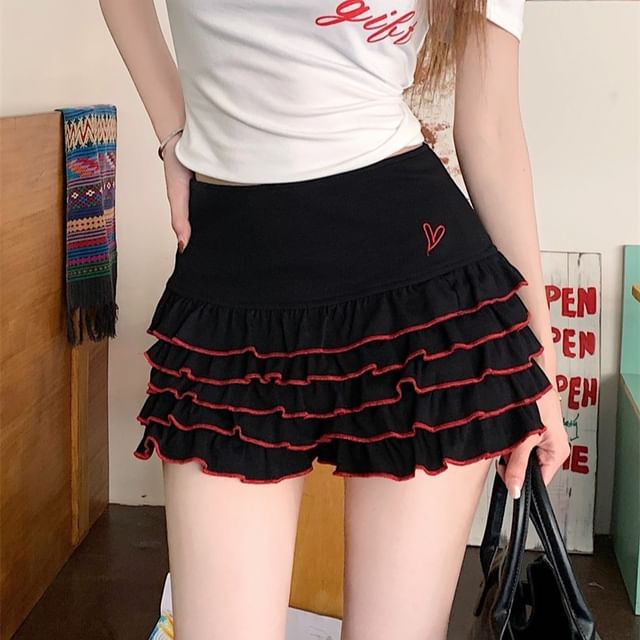 Tee Fit Lettering Slim Dotted Tiered / Skort Waist Cap-Sleeve High Off-Shoulder