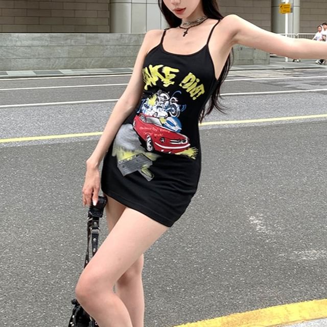 / Mini Neck Round Bodycon Short-Sleeve Tee Spaghetti Dress Print Strap Graphic