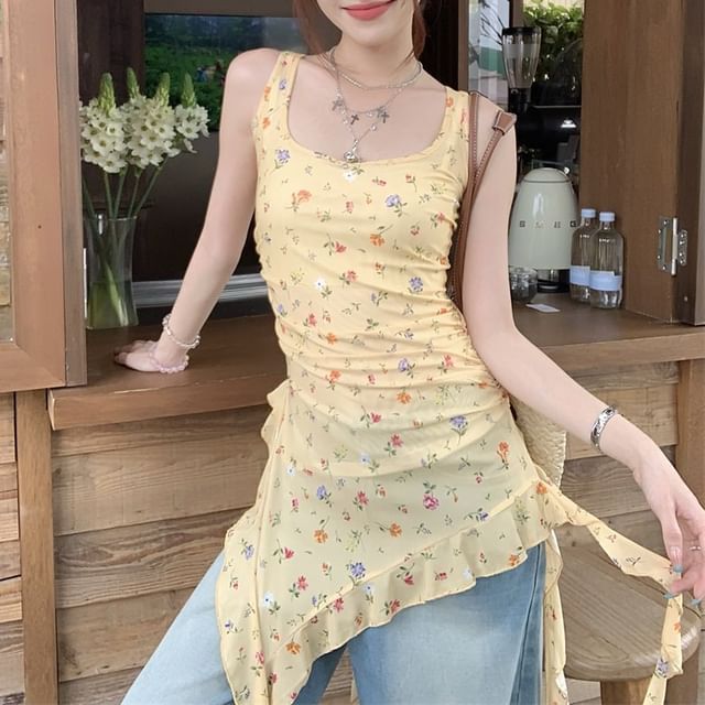 Tank Floral Asymmetrical Fit Neck Trim Ruffle Top Slim Square