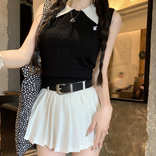 Contrast / Pleated High Waist Collar Skirt Top Plain Knit Tank Mini A-Line