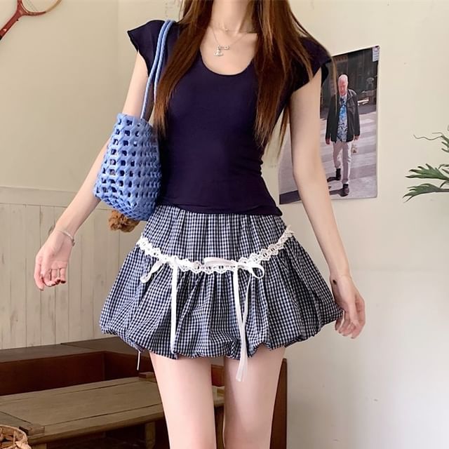 Skirt A-Line / Mini Short-Sleeve Trim Neck Fit Tee Slim Waist Bow Plain Plaid Hem Bubble Lace Elastic Scoop
