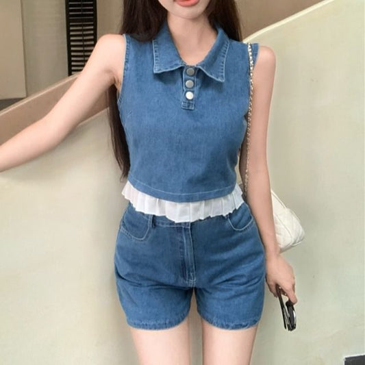 Henley Denim Trim Frill Top Tank Collar Crop Waist Shorts High /