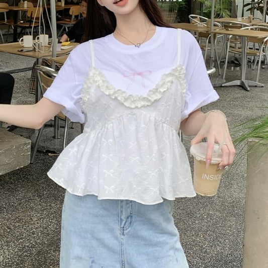 Ruffle Neck Short-Sleeve Crew Bow Flowy Trim Tee Camisole / Top Print